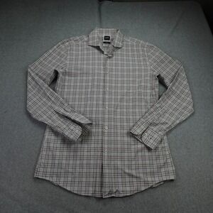 BOSS Shirt Mens 16 Gray Pink Plaid Slim Fit Stretch Hank‎ Spread Button Up